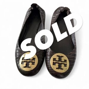 Tory Burch Dark Brown Croc-Embossed Reva Flats with Gold Logo
